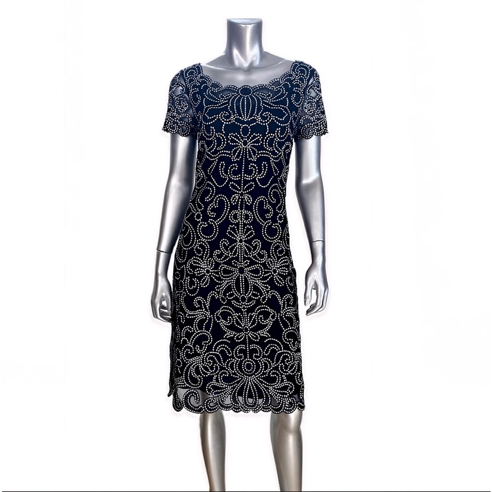 Phase Eight Navy Blue Embroidered Mesh Netting Overlay Scalloped Trim Sheath Dre